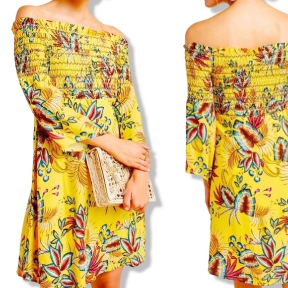 FARM RIO + ANTHROPOLOGIE SMOCKED MINI DRESS IN YELLOW TROPICAL SIZE XS - Picture 1 of 15